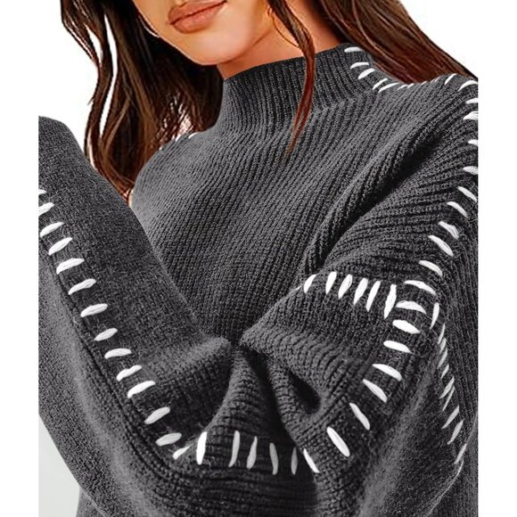 Prettygarden Women's Grey Fall Long Sleeve Mock Neck Oversized Chunky Sweaters - Picture 5 of 7